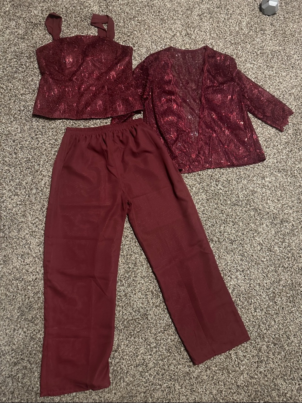 Amazon Burgundy 3-Piece Jumpsuit Set with Sequin Jacket
